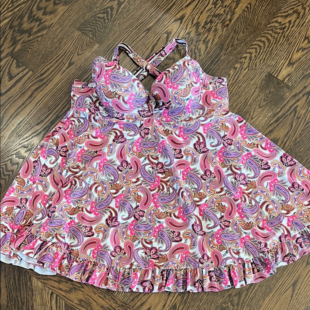 Paisley Print Dress swimsuit Pink and Purple Swirls cross back Billie in cups 2X